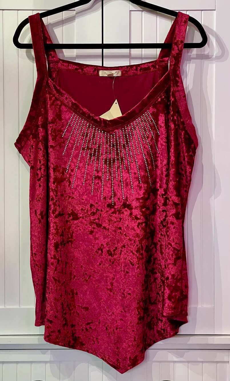 Paper Plane Tank Top Size 2X Red Crushed Velvet Rhinestone Embellished